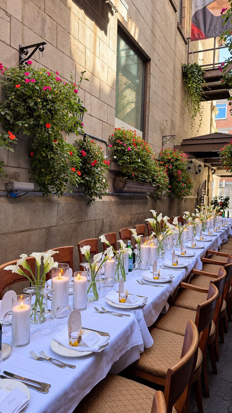 Longue table de rue aux callas et aux bougies